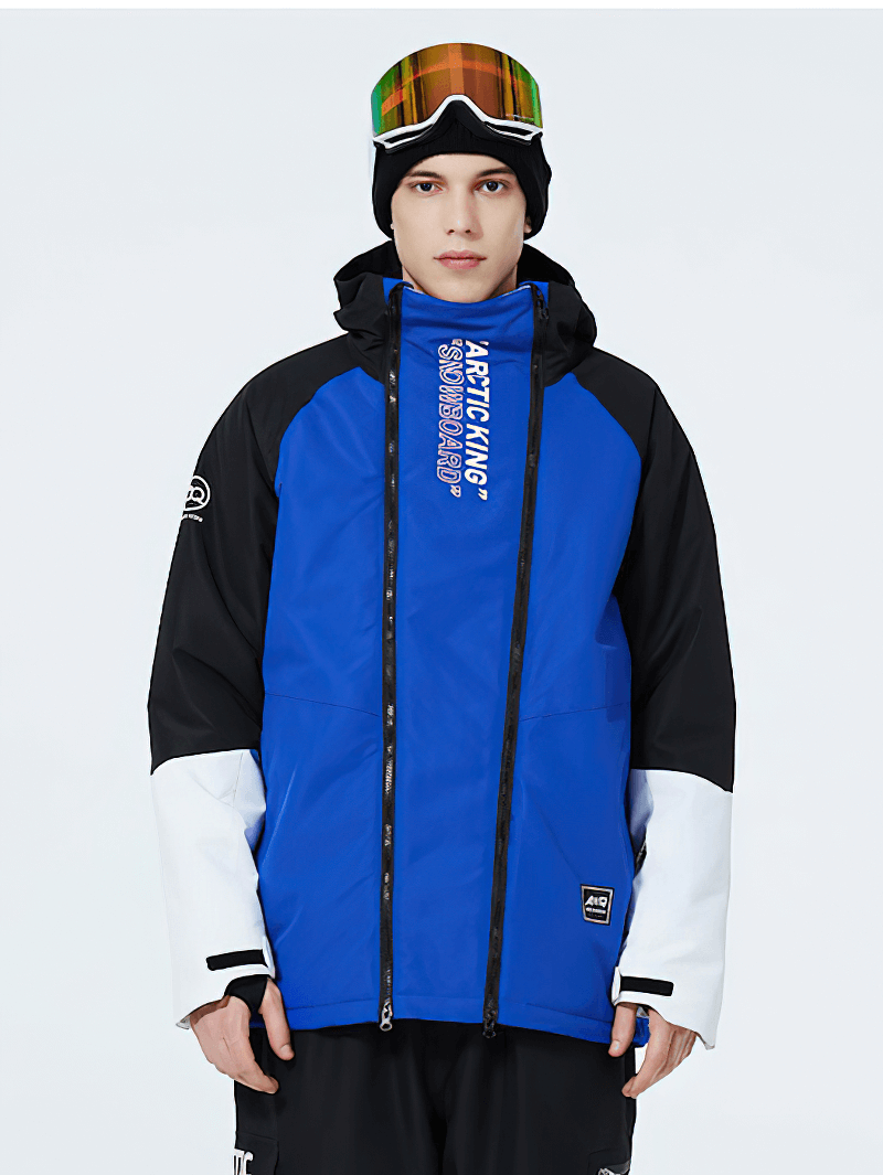 Unisex blue waterproof snowboarding jacket with hood and double zipper, perfect for skiing.